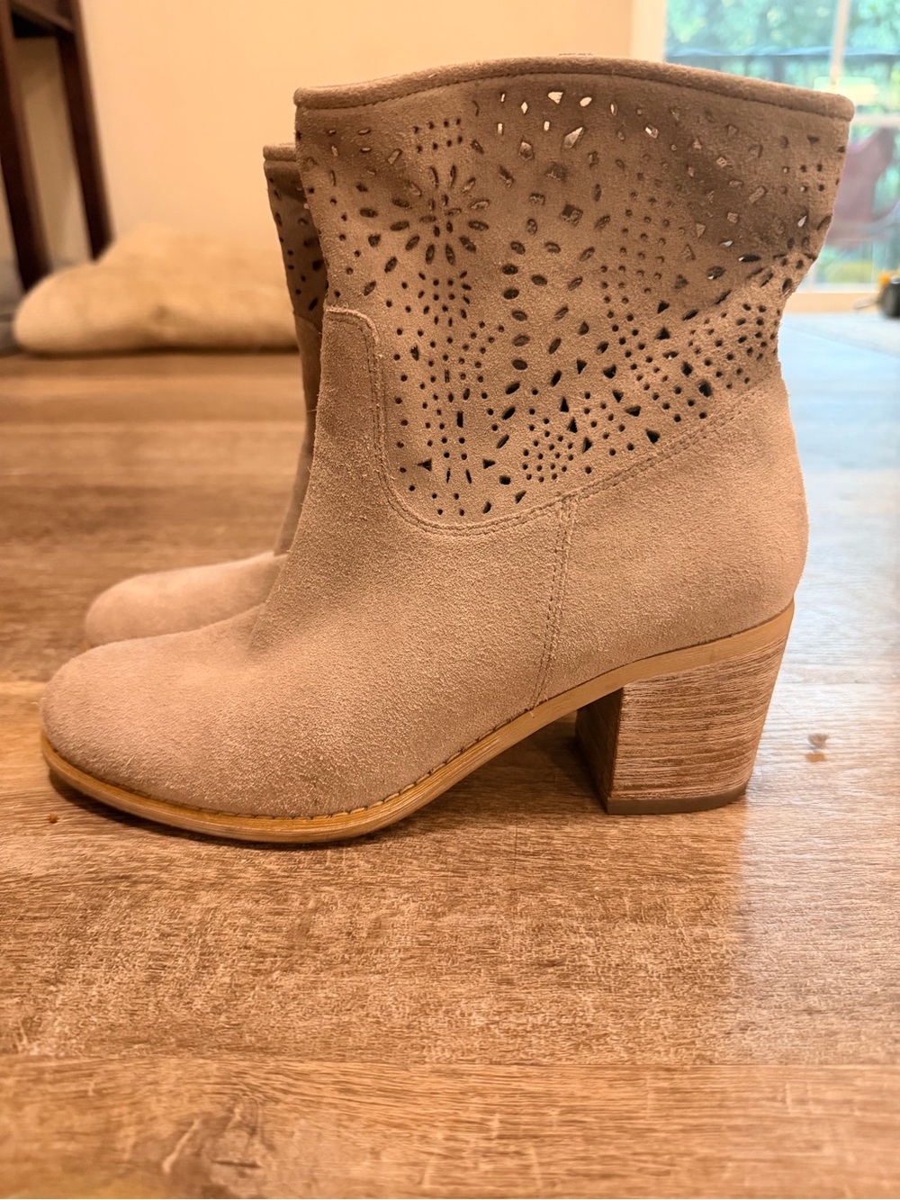 Suede Perforated Ankle Boots in Beige